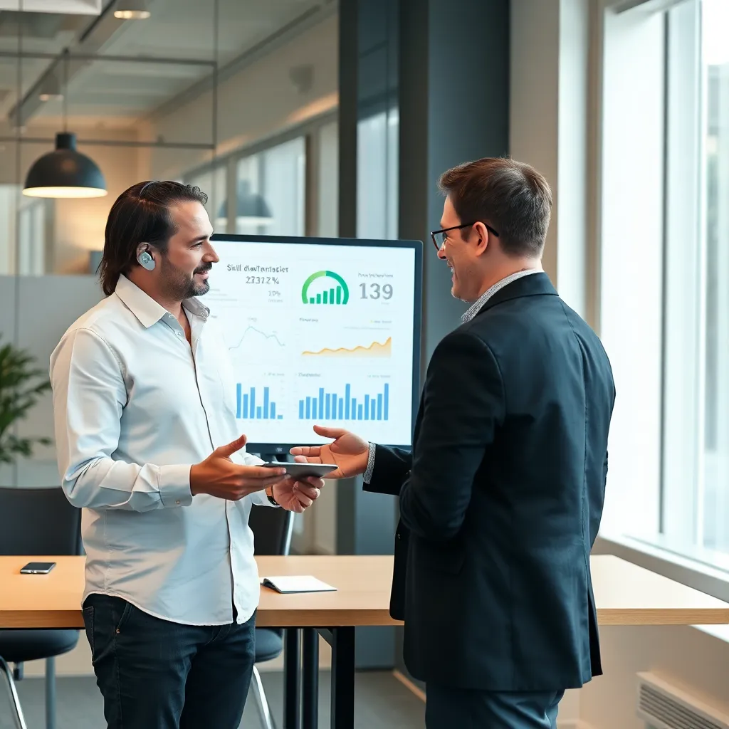 Coach en professional die voortgang evalueren met digitale tools en grafieken in een Nederlandse kantooromgeving