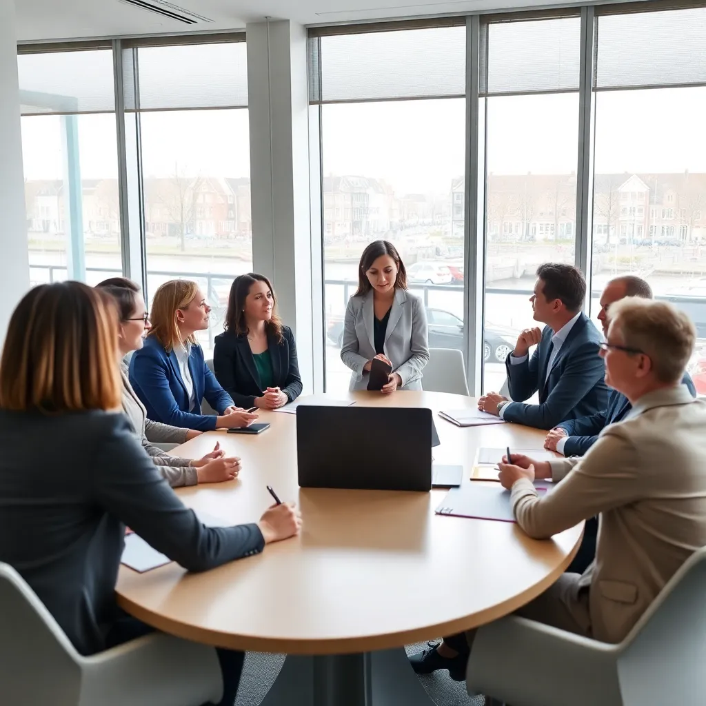 Professional die nieuwe vaardigheden toepast tijdens een presentatie met collega's in een Nederlands kantoor