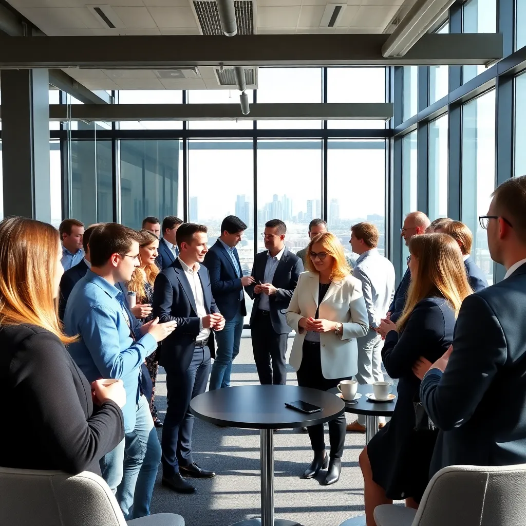 Professioneel netwerkevenement in moderne Nederlandse kantooromgeving met interactieve discussies
